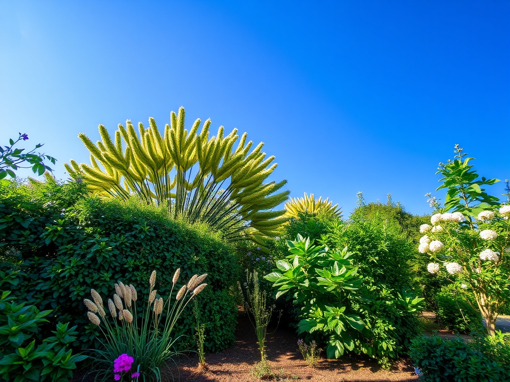 Сад с зелеными растениями, ярко-желтыми цветами и ясным синим небом. атмосферное и успокаивающее место.