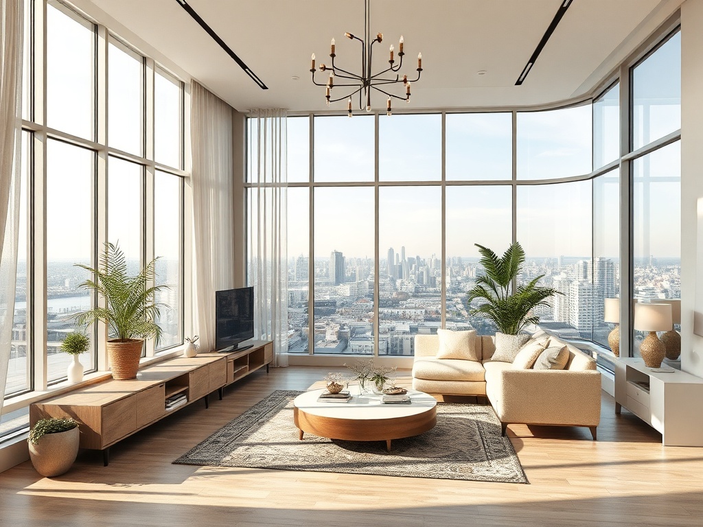 Современный уютный интерьер с большими окнами и зелеными растениями, открывающими вид на город.