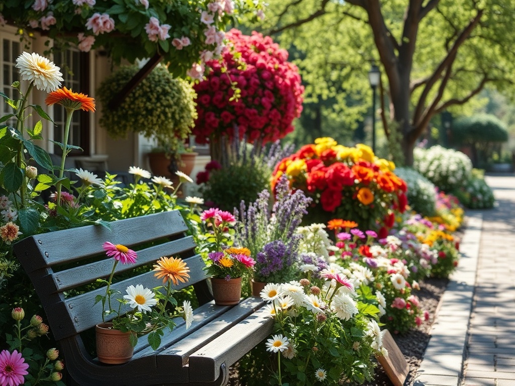 Солнечный сад с яркими цветами и скамейкой, окруженной зеленью и цветущими растениями.