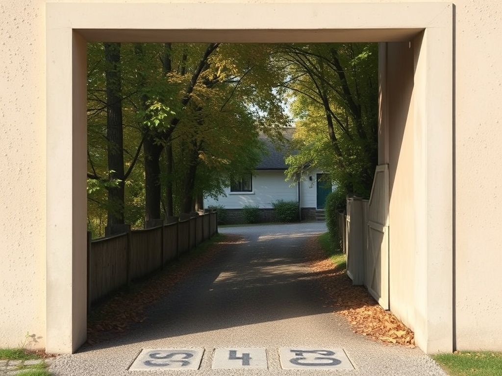 Пешеходный проход через стену в зеленом парке, ведущий к дому с белыми стенами и окруженный деревьями.