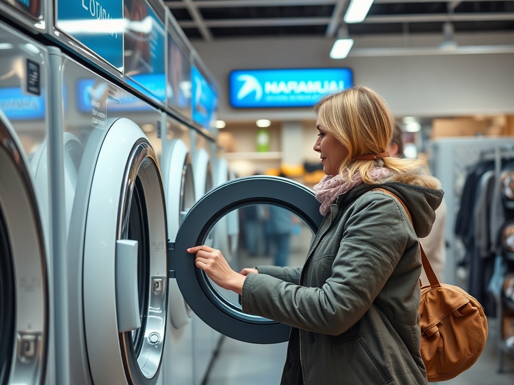 Женщина в магазине стиральных машин открывает дверь одной из них, готовясь к стирке.