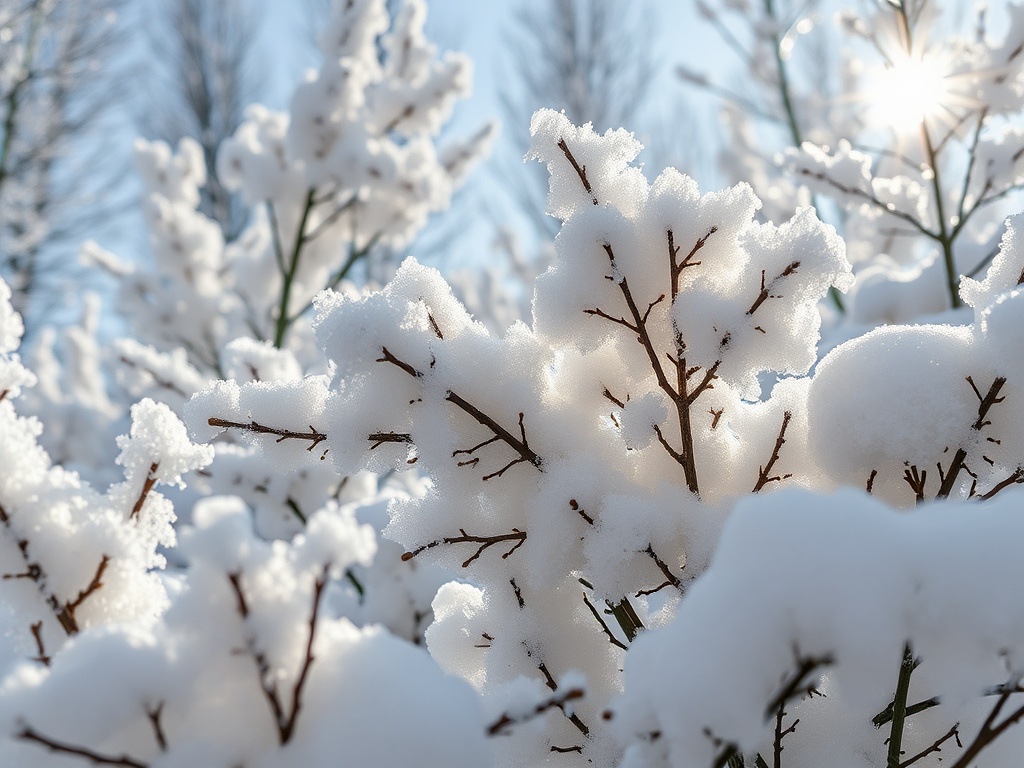 Заснеженные ветви деревьев на солнечном зимнем фоне, покрытые пушистым слоем снега.