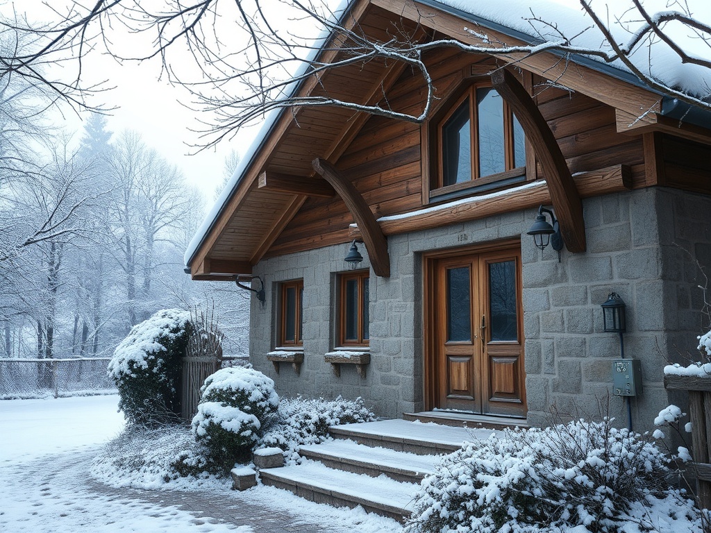Деревянный дом с каменными стенами, окружённый снегом и зимними деревьями. Уютный зимний пейзаж.