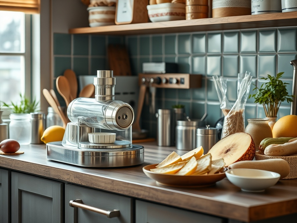 На столе стоит соковыжималка, рядом нарезанные фрукты и продукты на кухонной поверхности.