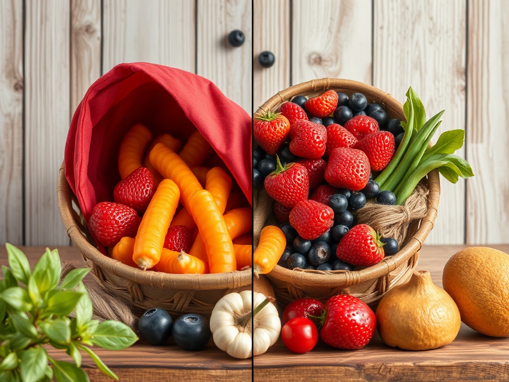 На фото два плетеных корзина с овощами и фруктами: морковь, клубника, голубика и зелень.