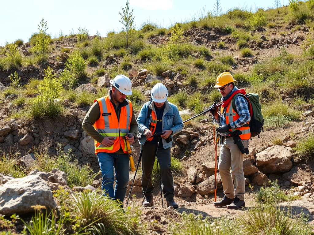 Три человека в защитной одежде обсуждают работу на строительной площадке на фоне природного ландшафта.