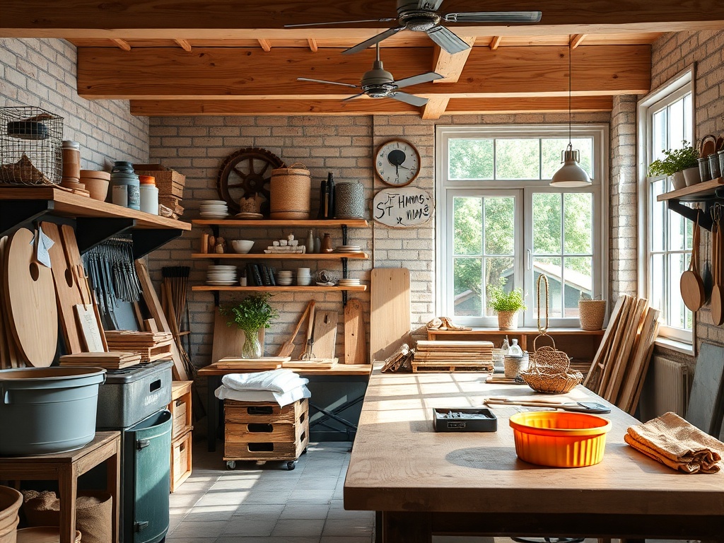 Уютная кухня с деревянными полками, посудой, растениями и ярким светом, создающая атмосферу тепла и уюта.