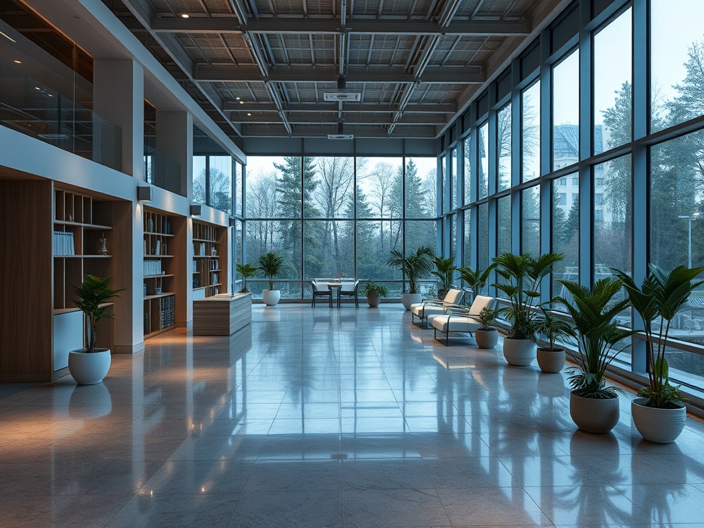 Современное пространство с большими окнами, растениями и уютными местами для отдыха.