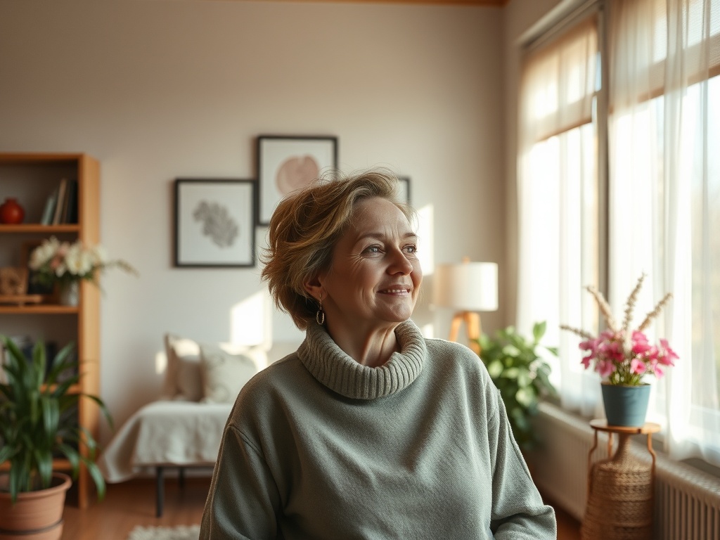 Улыбающаяся женщина в свитере сидит в уютной комнате с растениями и ярким светом.