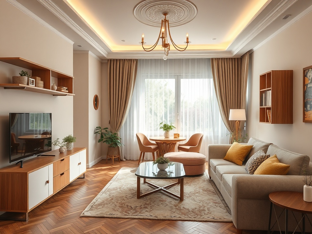 Современная гостиная с мягкой мебелью, телевизором и большим окном, освещённая естественным светом.