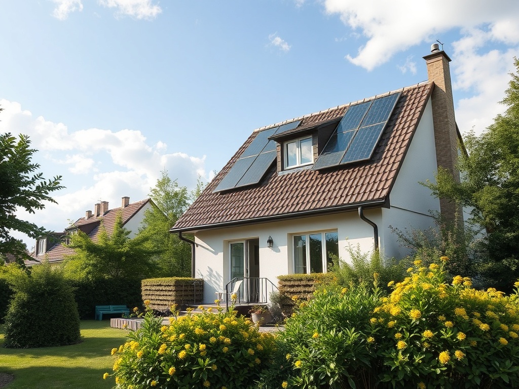 Современный дом с солнечными панелями и ухоженным садом под ясным небом.
