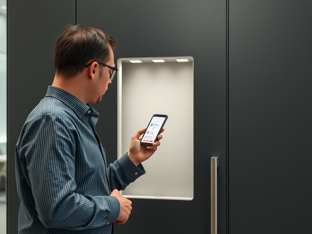 Мужчина в рубашке смотрит на телефон возле современного шкафа с освещением.