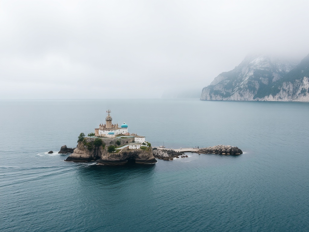 На изображении маленький остров с храмом на фоне туманного моря и гор. Спокойная, мистическая атмосфера.