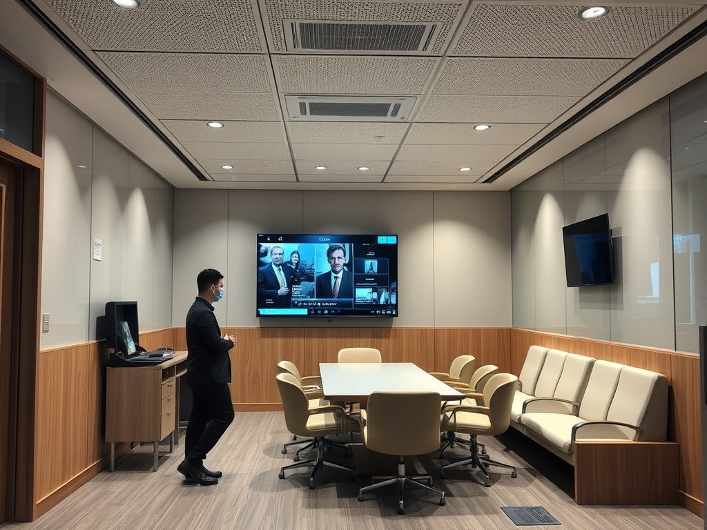 Современный офис с видеоконференцией, столом и стульями, а также участником в маске.