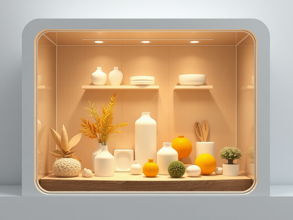 Современный интерьер с полками, на которых размещены вазы, декор и растения в теплых тонах.