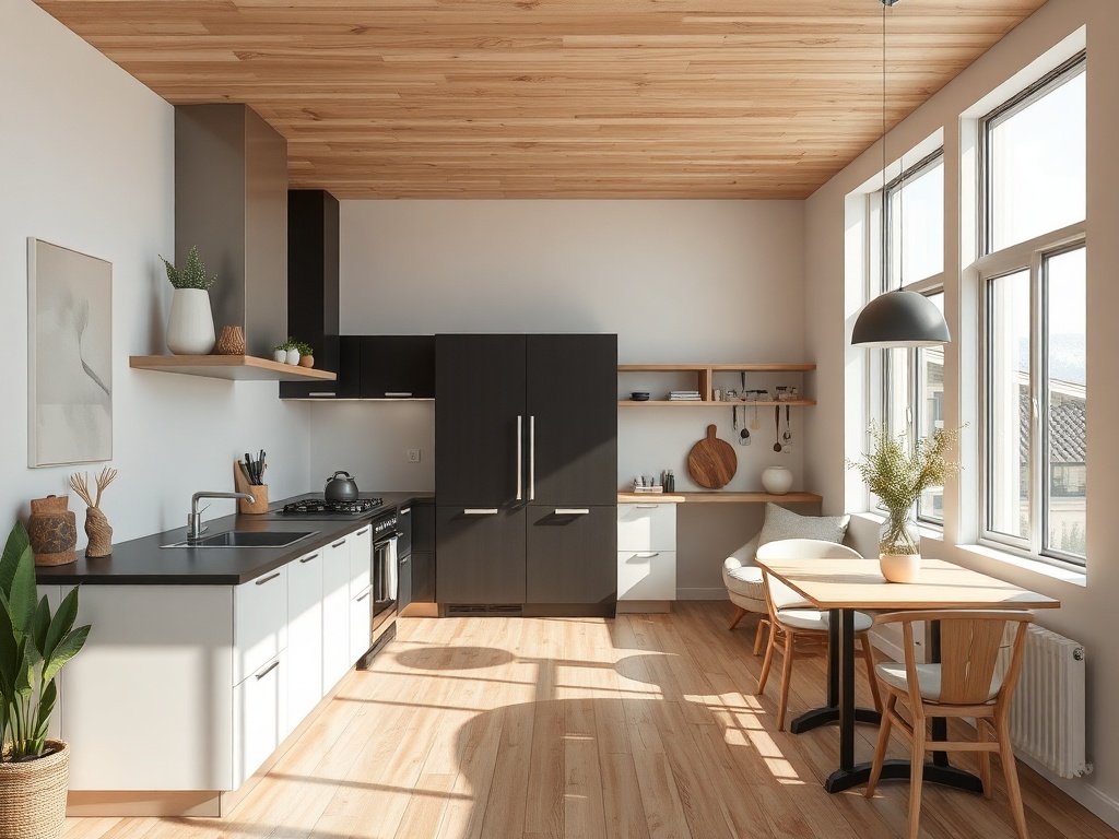 Современная кухня с деревянными потолками, черными и белыми шкафами, уютной столовой и большими окнами.