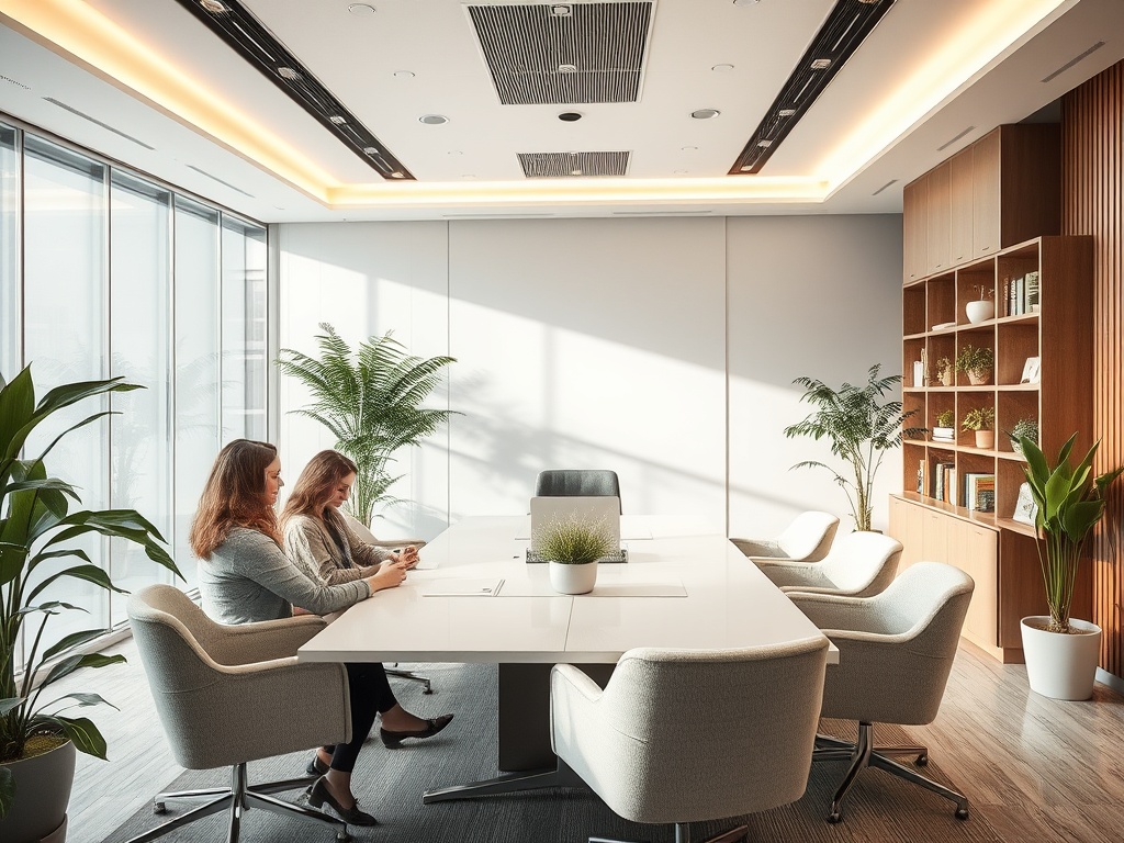 Две женщины в современном офисе обсуждают что-то за столом, окружённым зелёными растениями.