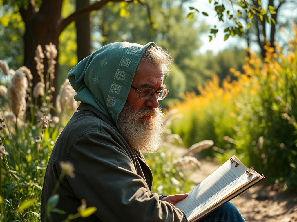 Пожилой человек с бородой читает книгу на фоне цветущей природы. Весенний день, зелень и цветы вокруг.