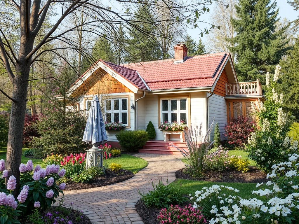 Красивая загородная дача в окружении цветущего сада и зелёных деревьев. Уютная обстановка и гармония природы.