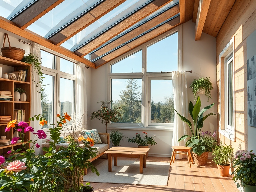 Светлая оранжерея с растениями, деревянной мебелью и большими окнами, пропускающими солнечный свет.