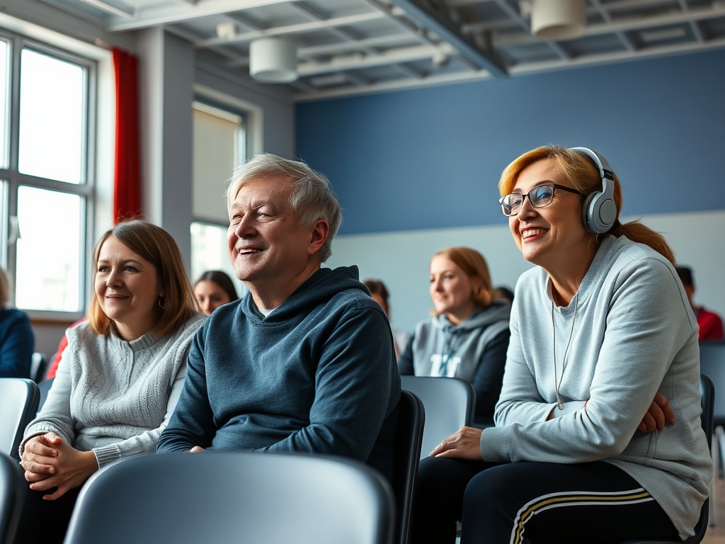 Группа людей в аудитории слушает лекцию, улыбаются и выглядят заинтересованными.