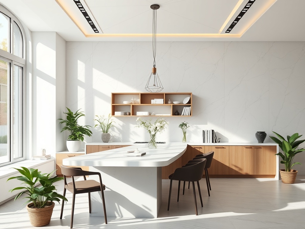 Современный светлый офис с деревянными элементами и растениями. Удобные стулья вокруг стильного стола.