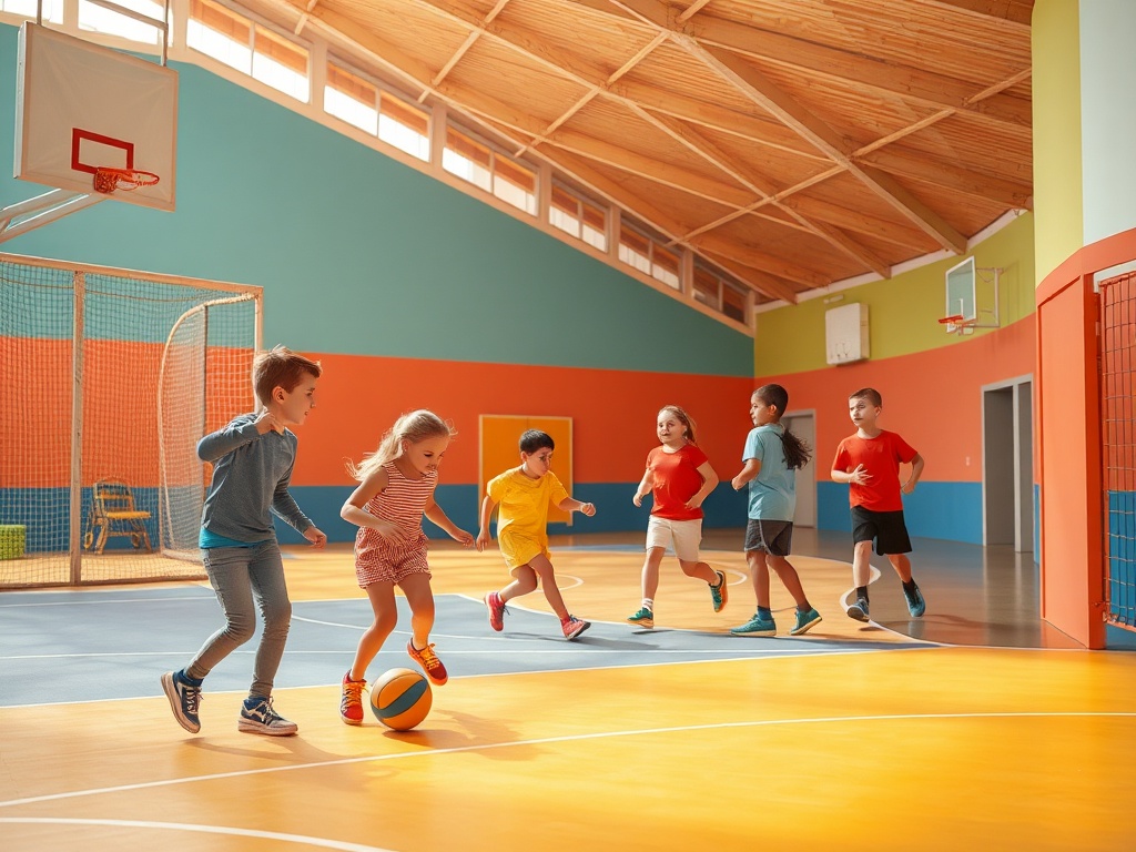 Дети играют в баскетбол в спортзале, смеются и бегают по яркому покрытию.